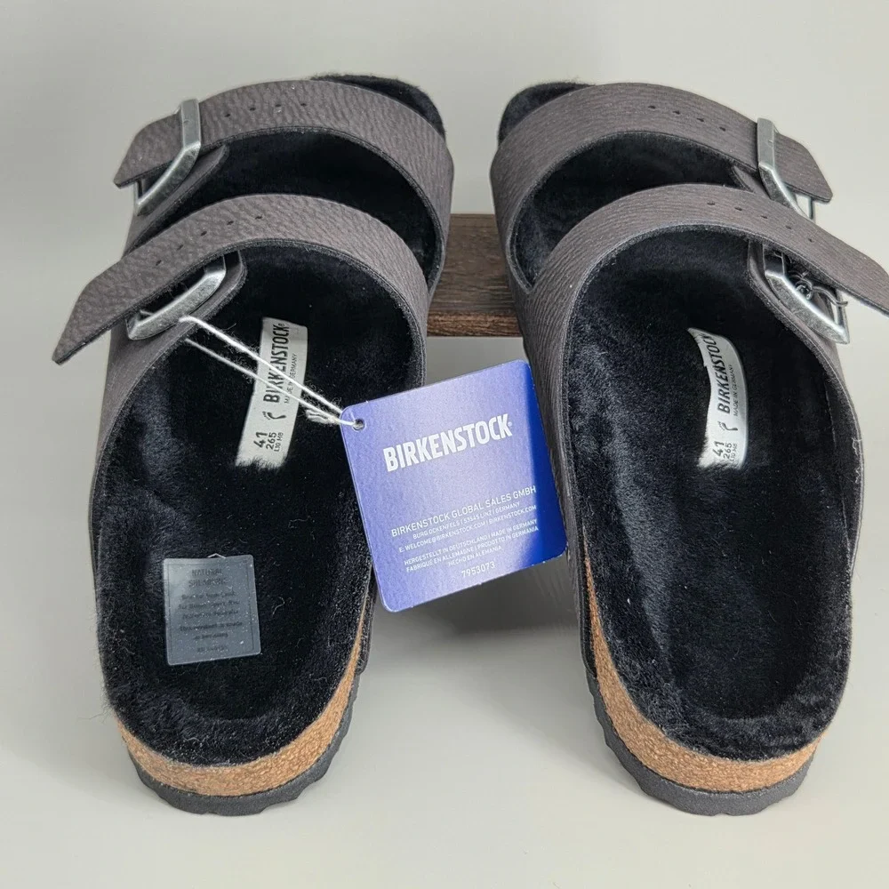 Birkenstock Arizona BS Sandals Mens 8 L10 Desert Dust Black Shearling Cozy Slide